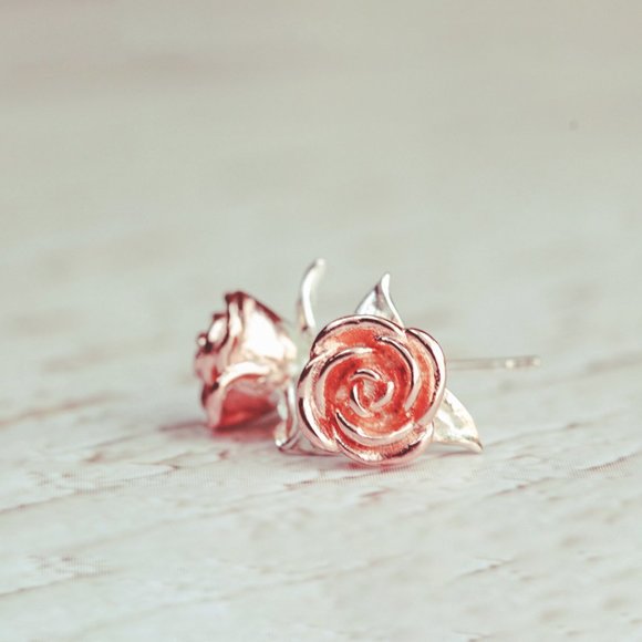 Rose Flower Earrings Rose Gold Flower Earrings Lovers Valentines day gift Her - Picture 7 of 12